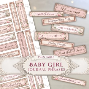 Baby Girl Junk Journal Phrases Printable Baby Words Vintage Pink Baby Shower Sentiments Keepsake Scrapbook Journal Ephemera Digital Download
