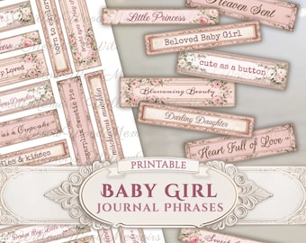 Baby Girl Junk Journal Phrases Printable Baby Words Vintage Pink Baby Shower Sentiments Keepsake Scrapbook Journal Ephemera Digital Download