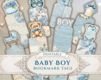 Baby Boy Junk Journal Tags Printable Baby Ephemera Shabby Vintage Blue Baby Shower Favor Bookmarks Keepsake Baby Scrapbook Digital Download