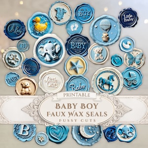 Baby Boy Printable Wax Seals Blue Baby Shower Favors Faux Seal Junk Journal Scrapbook Keepsake Gift Ephemera Card Making Digital Download
