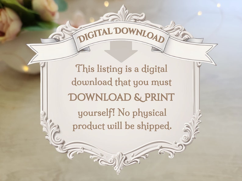 K&ouml;nnte beinhalten: Ein wei&szlig;es Schild mit verzierten R&auml;ndern und einem Banner mit der Aufschrift "DIGITALER DOWNLOAD". Das Schild enth&auml;lt auch den Text "Diese Anzeige ist ein digitaler Download, den Sie herunterladen und SELBST ausdrucken m&uuml;ssen! Es wird kein physisches Produkt versandt."