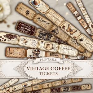 以下が含まれることがあります： コーヒーカップ、コーヒー豆、蝶のイラストや「Cinema Latte」、「Grand Opera」、「Premiere」、「Coffeehouse Live Music Concert」といった文字が描かれた、ヴィンテージスタイルのコーヒーをテーマにした長方形の紙製チケットのコレクション。