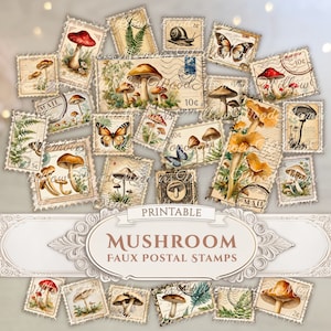 Diario di posta indesiderata, francobolli falsi, vintage, shabby, funghi, fiabe, foresta, bosco, effimeri, ritagli, album, stampabile, download digitale