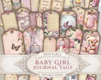 Peut inclure: Etiquettes de journal pour bébé fille, imprimables recto verso, avec une variété de motifs, dont des fleurs, une poussette, un ours en peluche, un papillon et un biberon. Les étiquettes sont décorées de couleurs rose, blanc et marron.