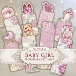 Baby Girl Junk Journal Tags Printable Baby Ephemera Shabby Vintage Pink Baby Shower Favor Bookmarks Keepsake Baby Scrapbook Digital Download