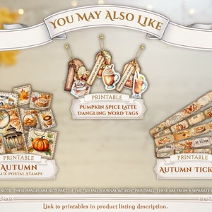 May include: A collection of printable autumn-themed ephemera including faux postal stamps with seasonal imagery, dangling word tags featuring beverage illustrations, and rectangular tickets with fall motifs, all labeled with descriptive text.
