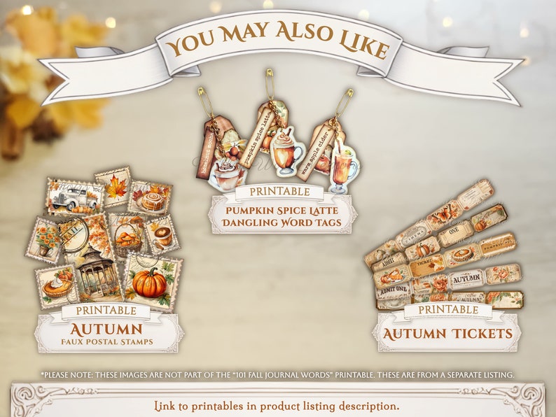 May include: A collection of printable autumn-themed ephemera including faux postal stamps with seasonal imagery, dangling word tags featuring beverage illustrations, and rectangular tickets with fall motifs, all labeled with descriptive text.