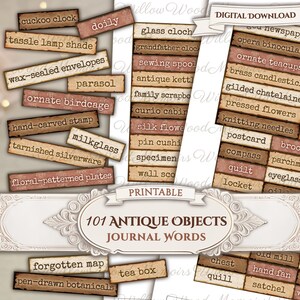 Könnte beinhalten: Ein digitaler Download mit einer Sammlung von 101 antiken Objekten und Journalwörtern. Das Bild zeigt verschiedene rechteckige Etiketten mit Text wie "cuckoo clock", "milkglass" und "tea box" im Vintage-Stil.