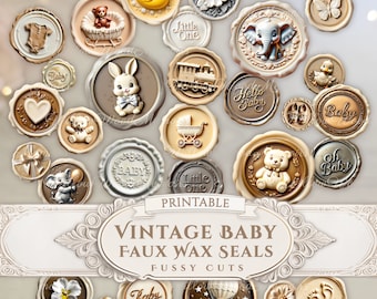 Vintage Baby Printable Wax Seals Baby Shower Favors Faux Seal Junk Journal Scrapbook Keepsake Gift Ephemera Card Making Digital Download