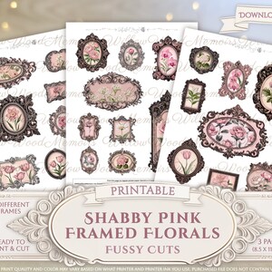 K&ouml;nnte beinhalten: Druckbarer digitaler Papier-Pack mit 25 verschiedenen Shabby-Pink-Blumenrahmen. Die Rahmen sind zum Ausdrucken und Ausschneiden f&uuml;r Bastelprojekte geeignet. Der Papier-Pack enth&auml;lt 3 Seiten, jede mit einer Gr&ouml;&szlig;e von 8,5 x 11 Zoll.