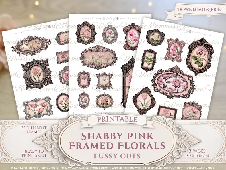 K&ouml;nnte beinhalten: Druckbarer digitaler Papier-Pack mit 25 verschiedenen Shabby-Pink-Blumenrahmen. Die Rahmen sind zum Ausdrucken und Ausschneiden f&uuml;r Bastelprojekte geeignet. Der Papier-Pack enth&auml;lt 3 Seiten, jede mit einer Gr&ouml;&szlig;e von 8,5 x 11 Zoll.