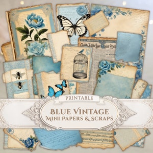 Diario di spazzatura vintage blu Ephemera Mini carta vintage blu Farfalla floreale Ritagli di carta Shabby Chic Fussy Cuts Stampabile Download digitale