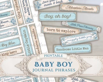 Baby Boy Junk Journal Phrases Printable Baby Words Vintage Blue Baby Shower Sentiments Keepsake Scrapbook Journal Ephemera Digital Download