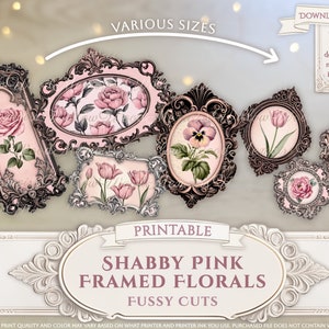 K&ouml;nnte beinhalten: Druckbares digitales Papier mit Shabby Chic rosa Blumendesigns in verzierten Rahmen. Die Designs sind perfekt zum Ausstanzen und f&uuml;r Bastelprojekte. Der Text auf dem Bild lautet "Printable Shabby Pink Framed Florals Fussy Cuts".