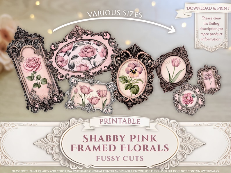 K&ouml;nnte beinhalten: Druckbares digitales Papier mit Shabby Chic rosa Blumendesigns in verzierten Rahmen. Die Designs sind perfekt zum Ausstanzen und f&uuml;r Bastelprojekte. Der Text auf dem Bild lautet "Printable Shabby Pink Framed Florals Fussy Cuts".