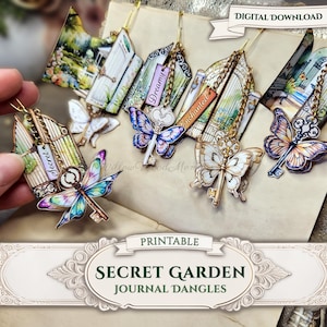 Pode incluir: Uma coleção de "Secret Garden Journal Dangles" imprimíveis com pingentes de borboleta e chave. Cada pingente tem um design com tema de jardim com as palavras "Dreamy" e "Enchanted". A imagem também inclui o texto "Digital Download" e "Printable".