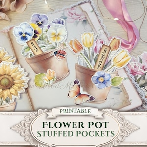 Puede incluir: Un collage con recortes de macetas de papel con varias flores, incluyendo pensamientos y tulipanes. Los elementos decorativos incluyen una mariquita, una mariposa y las palabras "bloom" y "springtime" en pequeñas etiquetas. La imagen está etiquetada como "Printable Flower Pot Stuffed Pockets."
