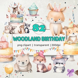 May include: Watercolour illustrations of woodland animals and cakes for a birthday party. The illustrations include a fox, a bear, a raccoon, and a deer. The cakes are decorated with candles, sprinkles, and flowers. The text "82 Woodland Birthday" is written in turquoise letters.