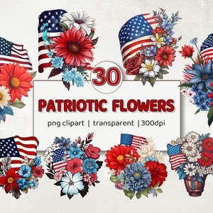 May include: 30 patriotic flower clipart images in red, white, and blue with a red, white, and blue American flag in each image.  png clipart | transparent | 300dpi