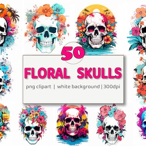 Schädel-Blumen-Clipart-Bundle, 300 dpi, verzierter Schädel, Artful, Sublimationsdesign, PNG-Bundle, sofortiger digitaler Download, kommerzielle Nutzung