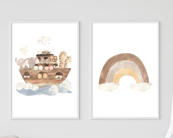 May include: Two framed wall art prints featuring watercolour illustrations. The left print depicts a wooden ark filled with various animals on blue waves. The right print shows a multi-toned brown and beige rainbow above white clouds.