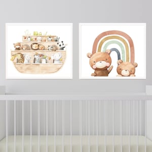 Noah&#39;s Ark Printable, Watercolor Noah&#39;s Ark Theme Print for Baby Nursery or Kids Room, Matching Rainbow and Bears