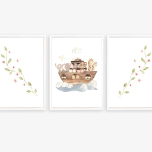 Noah&#39;s Ark Watercolor Nursery Printable, Set of 3, Girl&#39;s Room Wall Art, Noah&#39;s Ark Theme, Watercolor Animal Décor, Printable Bible Art