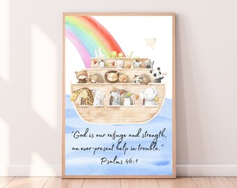 Noah's Ark Rainbow, Psalms 46:1 Print, Kids Room Decor, Noah's Ark Themed Decor, Noah's Ark Bedroom Inspiration, Watercolor Noah's Ark