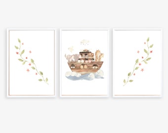Noah's Ark Watercolor Nursery Printable, Set of 3, Girl's Room Wall Art, Noah's Ark Theme, Watercolor Animal Décor, Printable Bible Art
