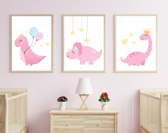 Girly Dinosaur Printable- Set of 3 | Girls Room Decor | Nursery Dinosaurs | Female Dinosaurs Cute | Childrens Room Wall Art