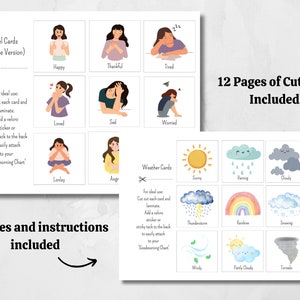 May include: Printable cards featuring illustrations of female characters expressing different emotions, such as happy, thankful, tired, loved, sad, worried, lonely, and angry. The cards are designed for use with a "Goodmorning Chart".