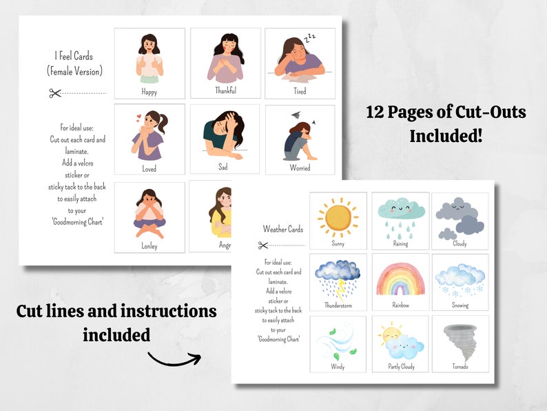 May include: Printable cards featuring illustrations of female characters expressing different emotions, such as happy, thankful, tired, loved, sad, worried, lonely, and angry. The cards are designed for use with a "Goodmorning Chart".
