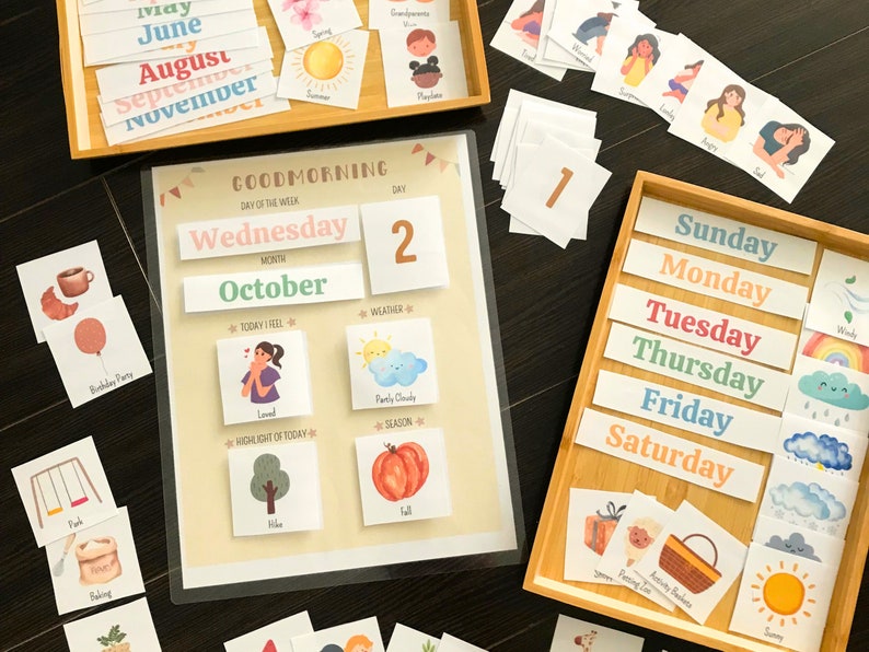 May include: A colourful printable calendar for children with a daily routine chart. The chart includes days of the week, months, weather, and a section for highlighting the day's activity. The calendar features a variety of illustrations, including a sun, a cloud, a pumpkin, and a tree.
