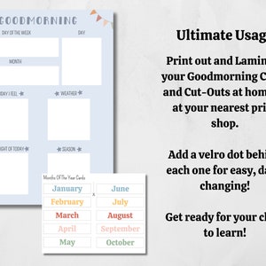 May include: A blue and white printable chart with the word "Goodmorning" at the top. The chart has spaces to fill in the day of the week, month, how you feel, the weather, and the highlight of the day. There are also separate cards for each month of the year.