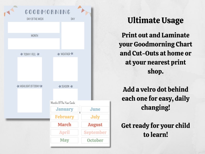 May include: A blue and white printable chart with the word "Goodmorning" at the top. The chart has spaces to fill in the day of the week, month, how you feel, the weather, and the highlight of the day. There are also separate cards for each month of the year.