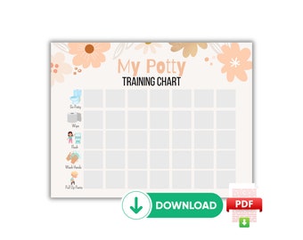 May include: A printable potty training chart with a floral design. The chart has five steps: Go Potty, Wipe, Flush, Wash Hands, and Pull Up Pants. The chart is titled "My Potty Training Chart".