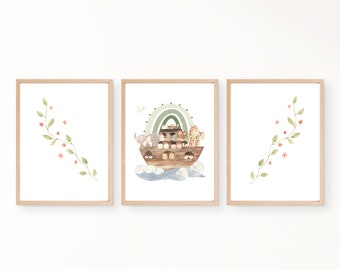 Noah's Ark Watercolor Nursery Print Set, Rainbow, Animals (Digital Download)
