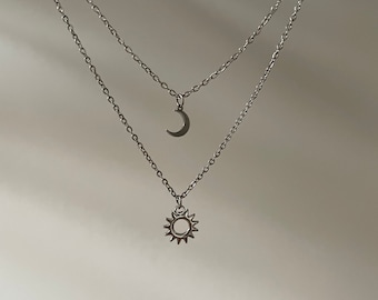 Halskette Kette Silberkette Sonnenanhänger Mond Layeringkette Gold Silber Boho Geschenk