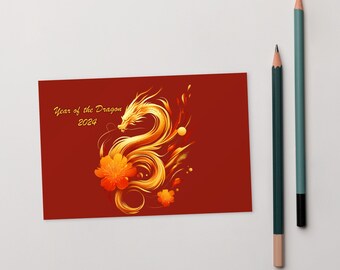 Año del Dragón 2024 con Texto - Postal 04, Tarjeta de Feliz Año Nuevo Lunar, Año Nuevo Chino 2024