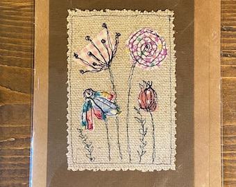 Cottage Garden Flowers. Handmade Card UK, Hand Made Free Motion Machine Embroidery occasion, eco friendly cards, Textile Art Cards