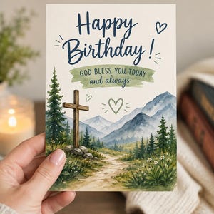 May include: A rectangular greeting card featuring a watercolor illustration of a wooden cross standing on a path near a forest and mountains. The text reads Happy Birthday! GOD BLESS YOU TODAY and always, accompanied by small hand-drawn heart icons.
