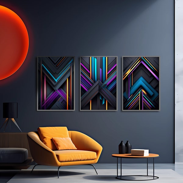 Cyberpunk Neon Light Tribal Wall Art Set of 3 | Retro Neo Futuristic Modern Abstract Prints | Digital Instant Download