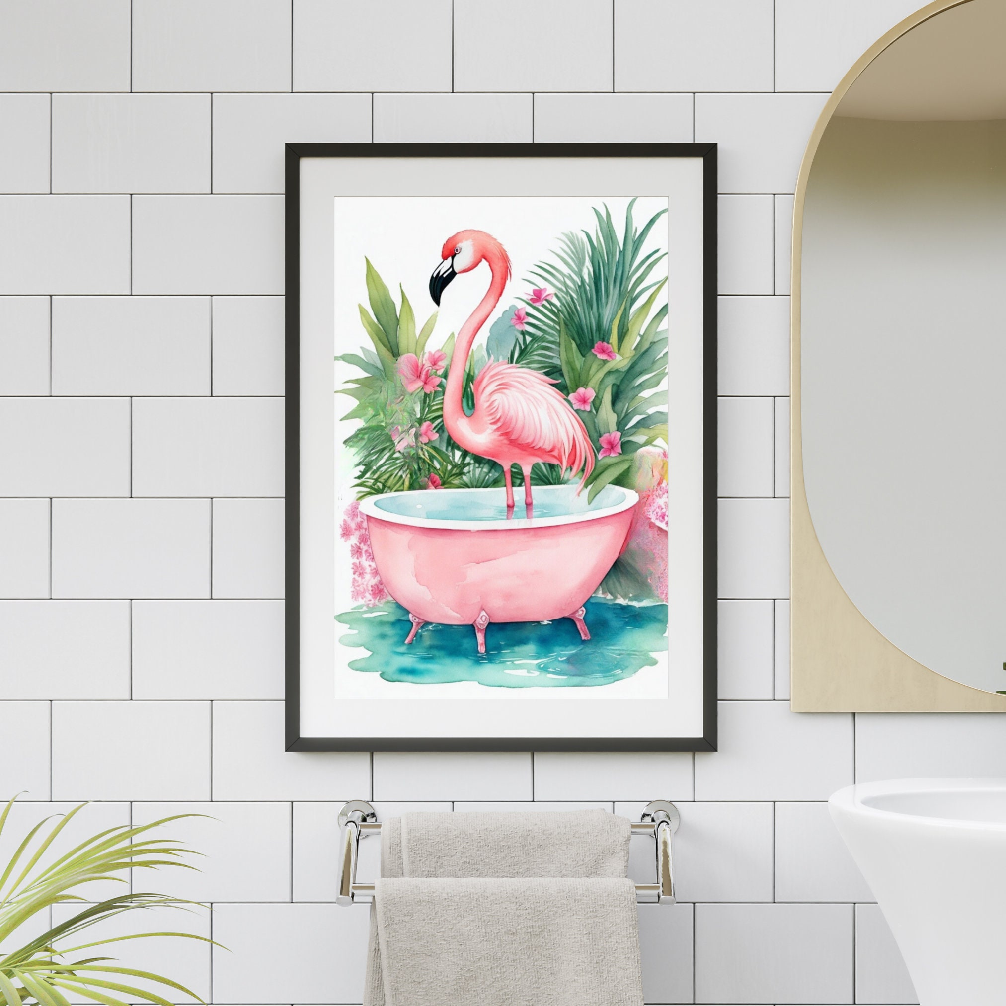 Flamingo in Bathtub Boho Bathroom Print, Pink Flamingo Print ...