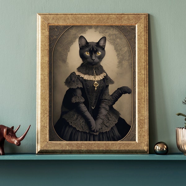 Renaissance Cat, Black Cat Print, Goth Home Decor, Art Poster Print, Dark Academia, Gothic Victorian