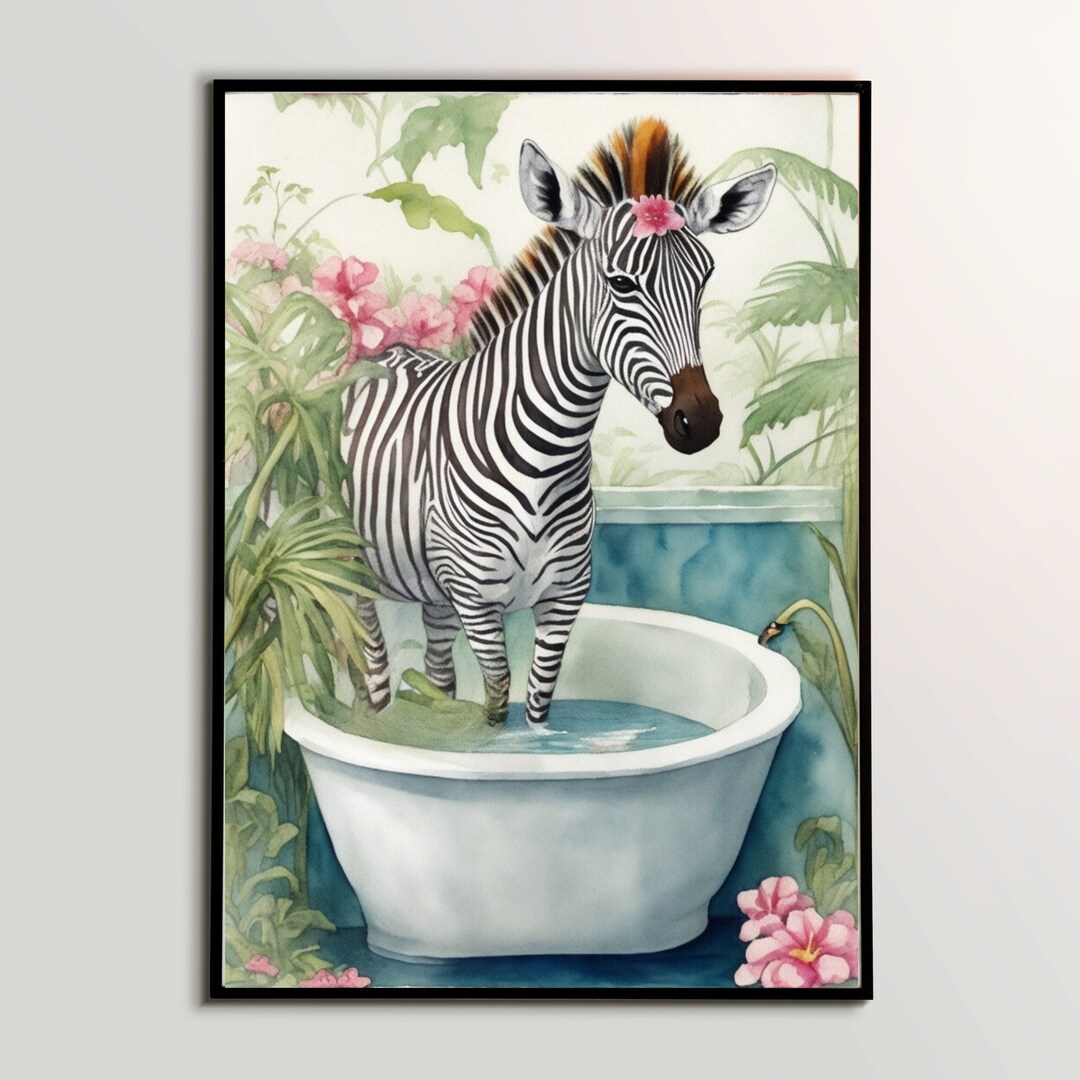 Zebra in Bathtub Botanical Animal Print, Maximalist Animal in Bath Wall