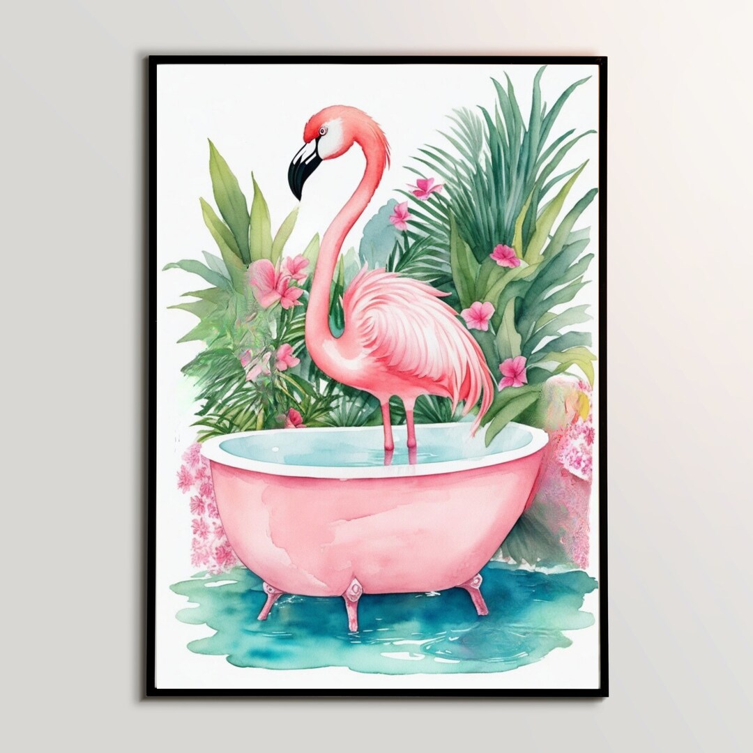 Flamingo in Bathtub Boho Bathroom Print, Pink Flamingo Print