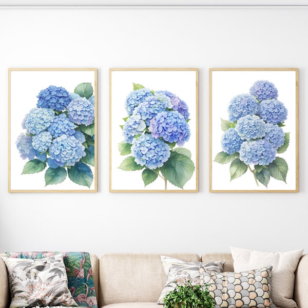 Aquarell Hellblau Hortensie Set für Moderne Häuser, Minimalistische Kunstwerke, 3er Set Drucke, Botanische Kunstposter, Hamptons Wanddekor