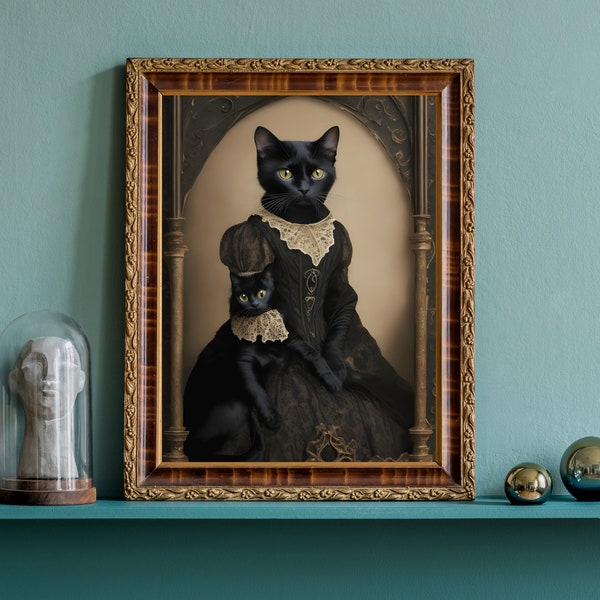 Renaissance Cat, Black Cat Print, Goth Home Decor, Art Poster Print, Dark Academia, Gothic Victorian