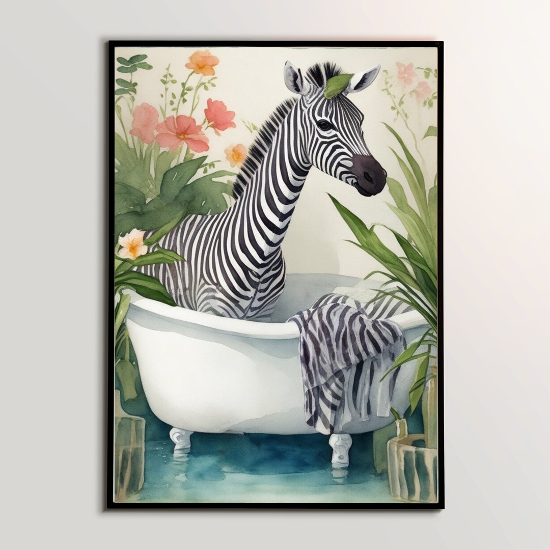 Zebra in Bathtub Botanical Animal Print, Maximalist Animal in Bath Wall Art, Tropical Boho ...