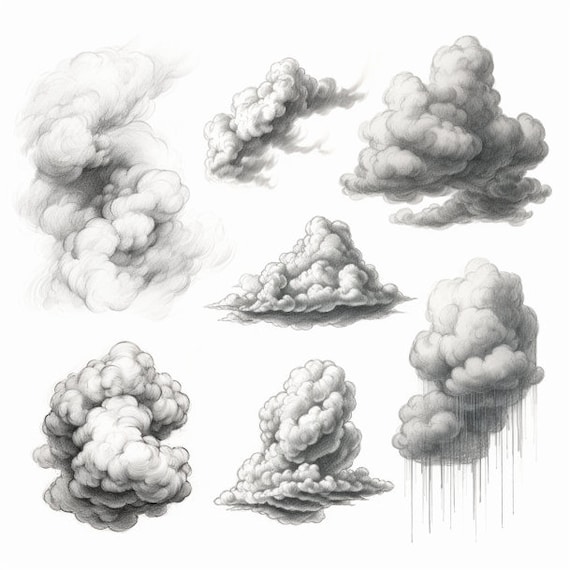 Minimalist Pencil Sketch Cloud Digital Art set of 4 